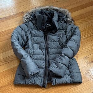 The North Face Charcoal Puffer Jacket with Faux Fur Trim